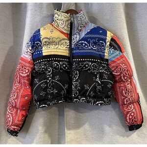 Bandana Cropped Women's Colorblock Puffer Coat Size Small Retro